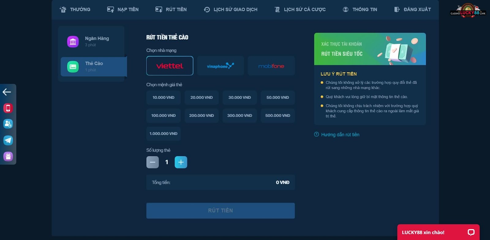 Hệ thống nạp tiền Lucky88